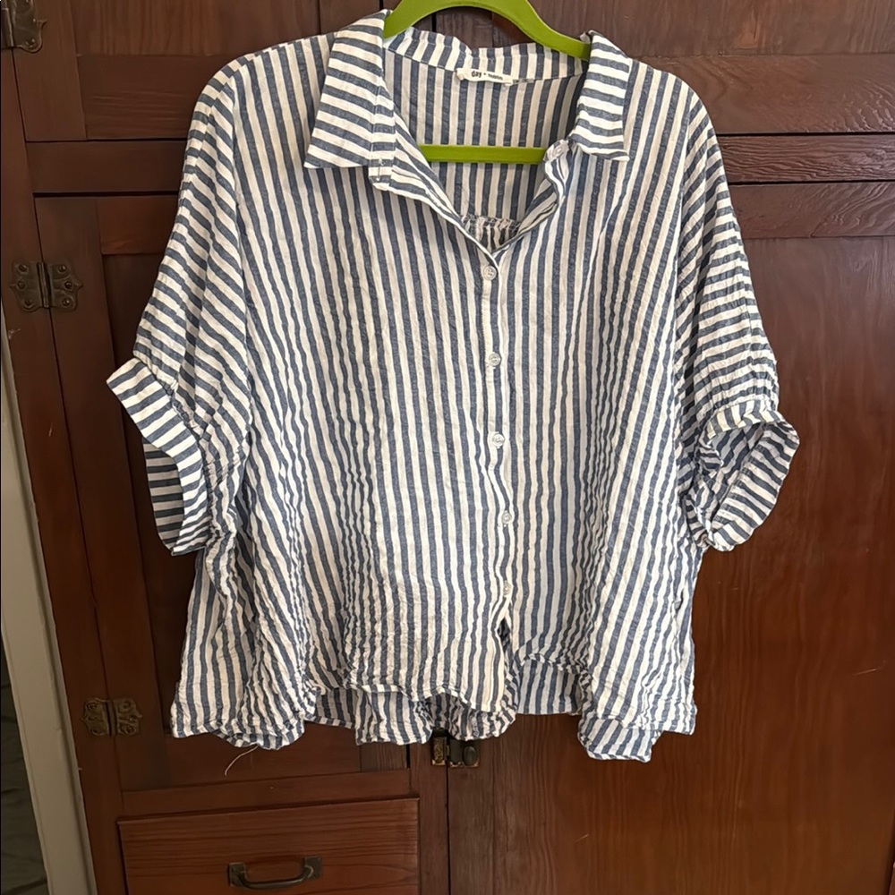 Blue and White Striped Button-Up Shirt